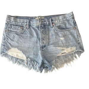 We The Free People Button Fly Distressed High Waist‎ Jean Shorts Womens 29 Blue